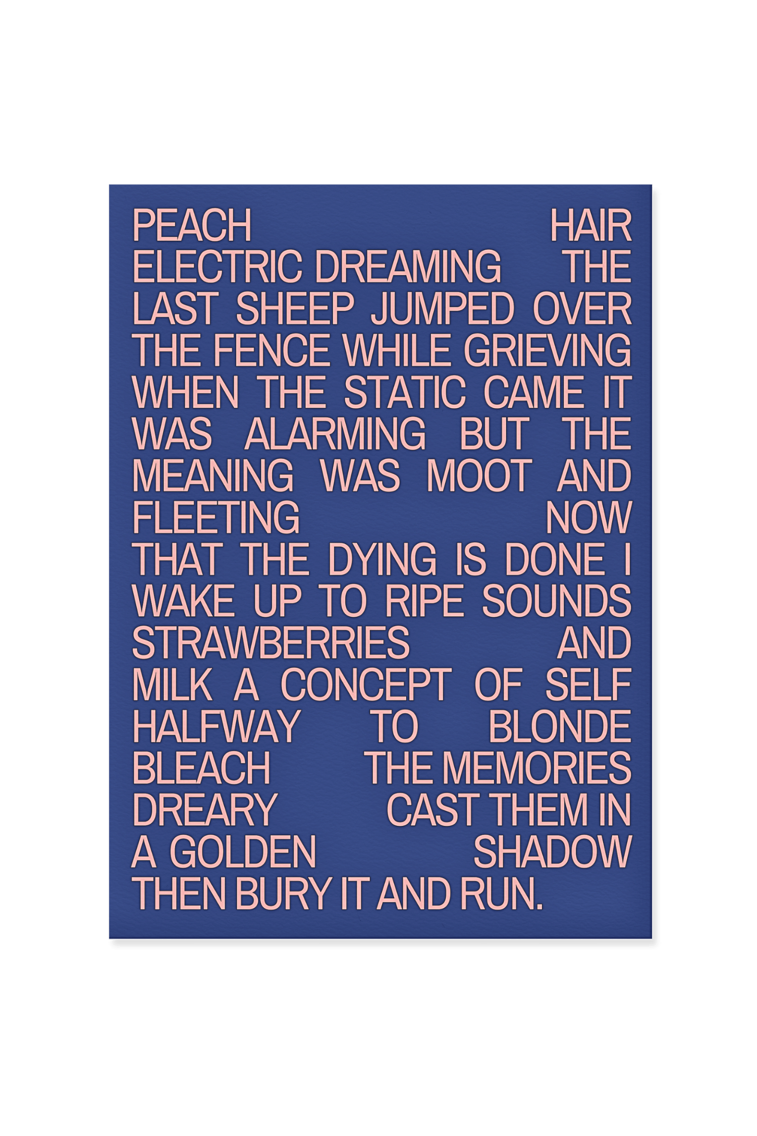 “Peach hair, electric dreaming. The last sheep jumped over the fence while grieving.”